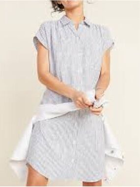 Old Navy White and Navy Striped Linen Blend  Shirt Dress Sz-L.   V12